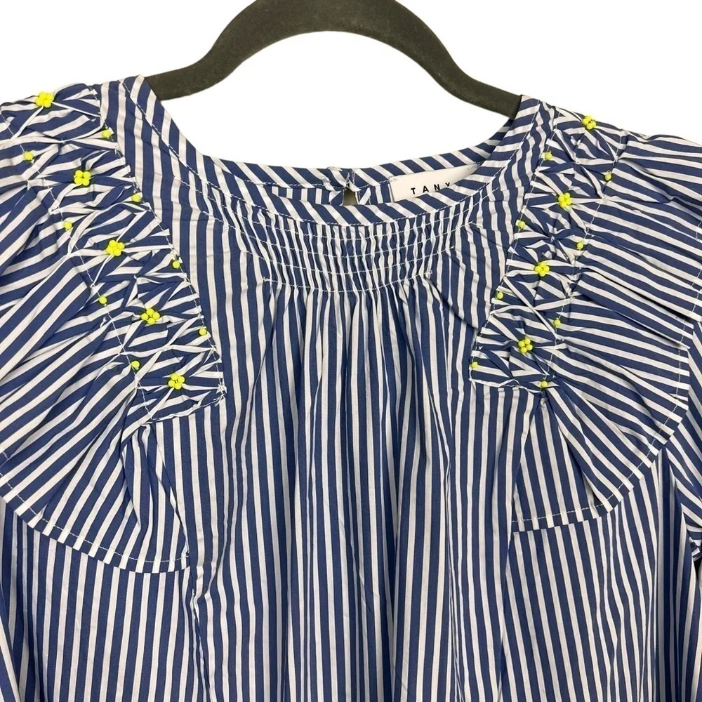 Tanya Taylor Pilar Striped Ruffle-Trim Blouse size 8 Blue White Cotton Blend - Picture 6 of 14